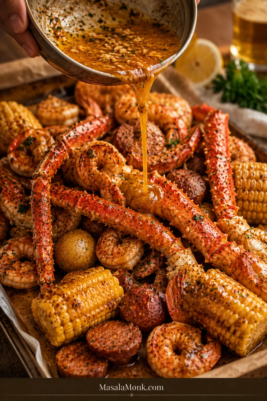 Cajun garlic butter being poured over a seafood boil tray with crab legs, shrimp, corn, potatoes, and sausage.