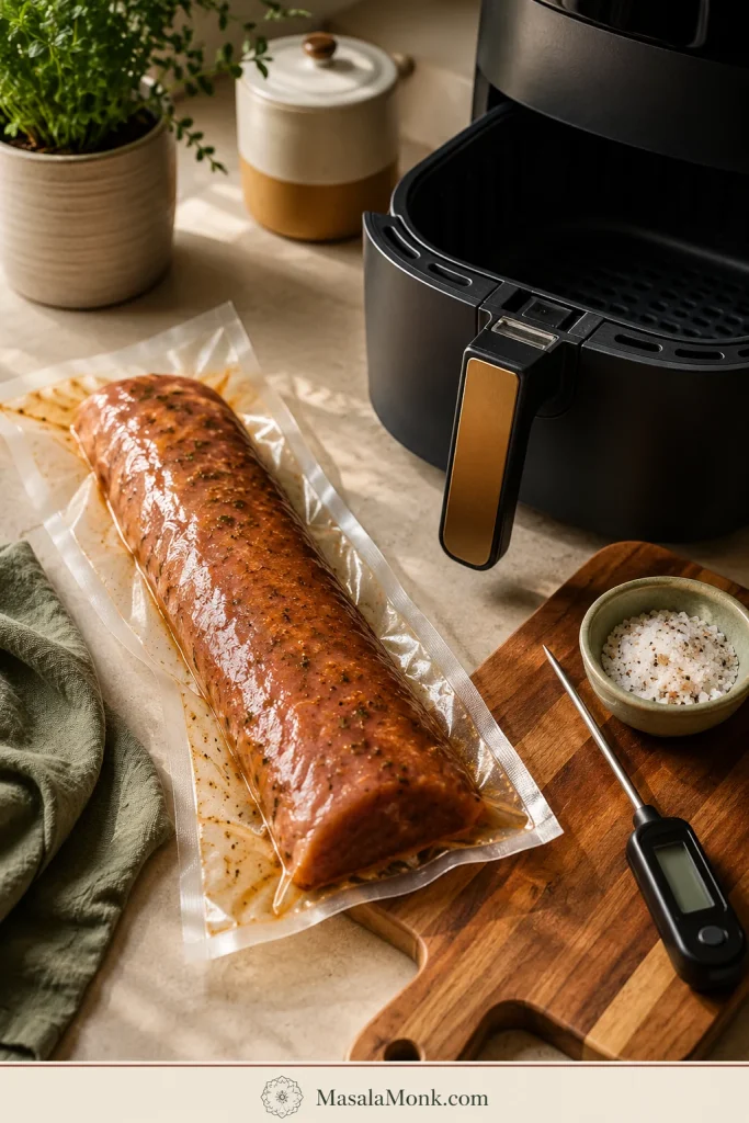 Unbranded pre-marinated pork tenderloin package beside an air fryer basket, thermometer, salt bowl, wooden board, and green towel.