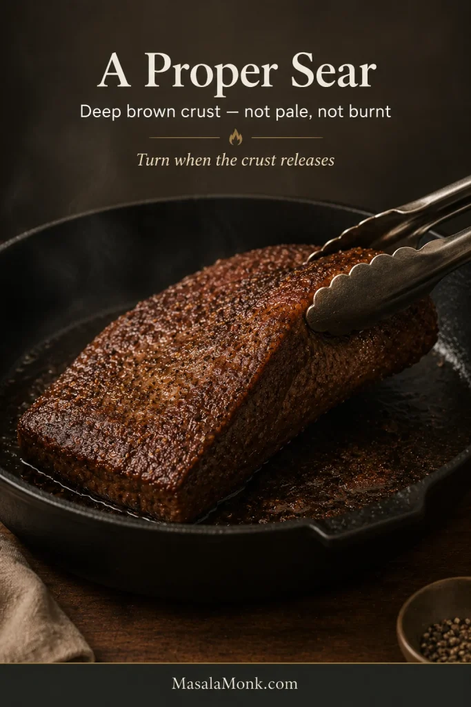 Brisket browning in a cast-iron skillet with a dark mahogany crust and browned fond, while metal tongs lift one edge.