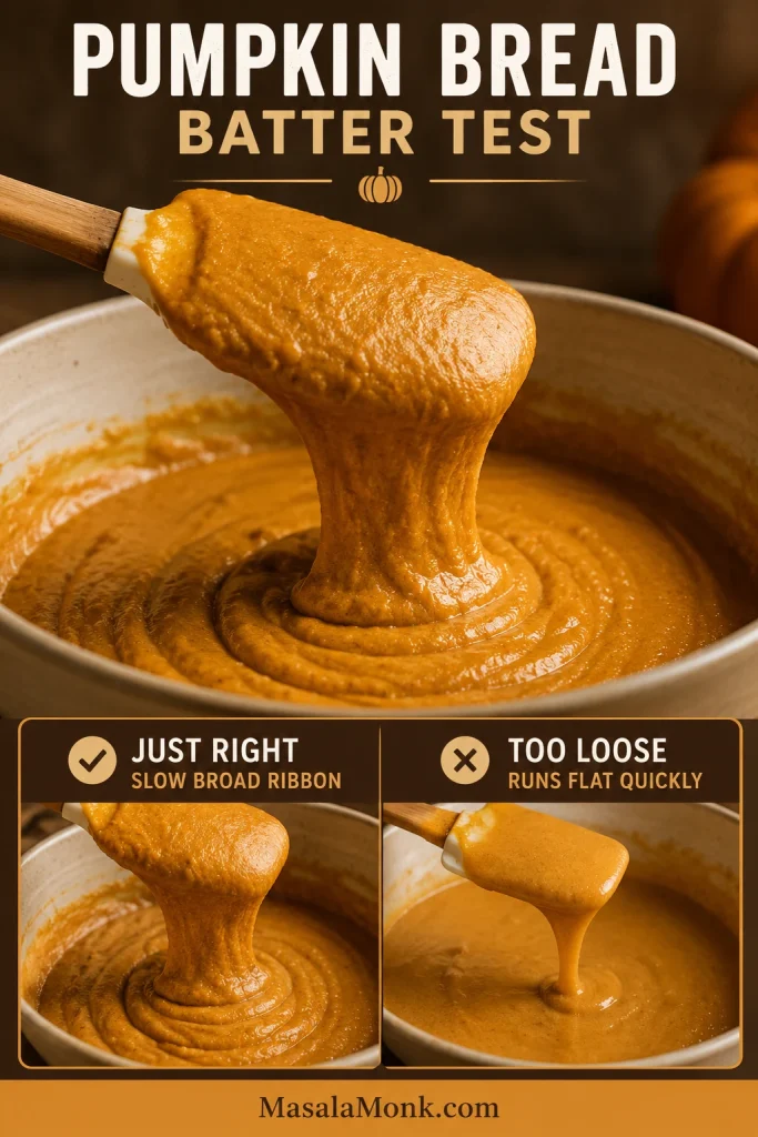 Pumpkin bread batter test showing thick batter falling in a slow broad ribbon compared with looser batter that runs flat.