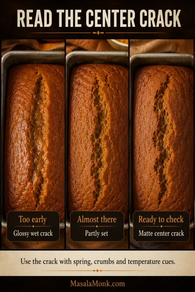 Three-stage pumpkin bread center-crack guide showing glossy wet crack, partly set crack and matte crack ready to check.
