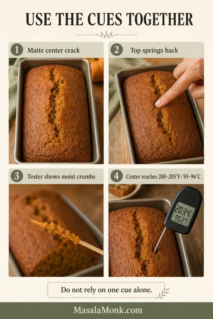 Four-panel doneness guide showing matte center crack, spring-back test, moist crumbs on a skewer and thermometer reading about 203°F.