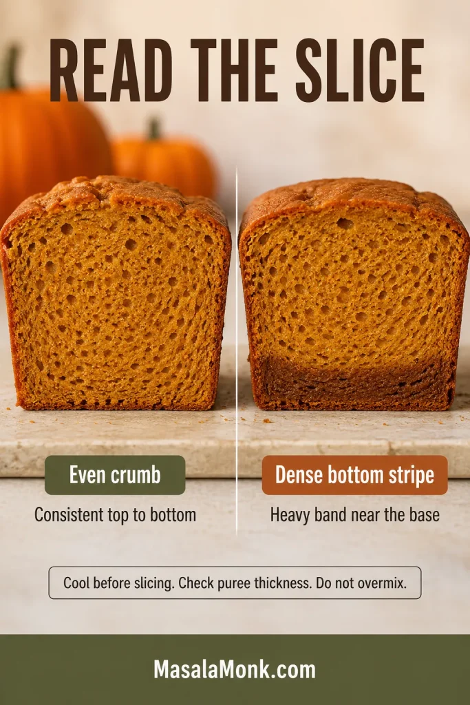 Comparison of pumpkin bread slices showing even crumb on one side and a dense darker bottom stripe on the other.