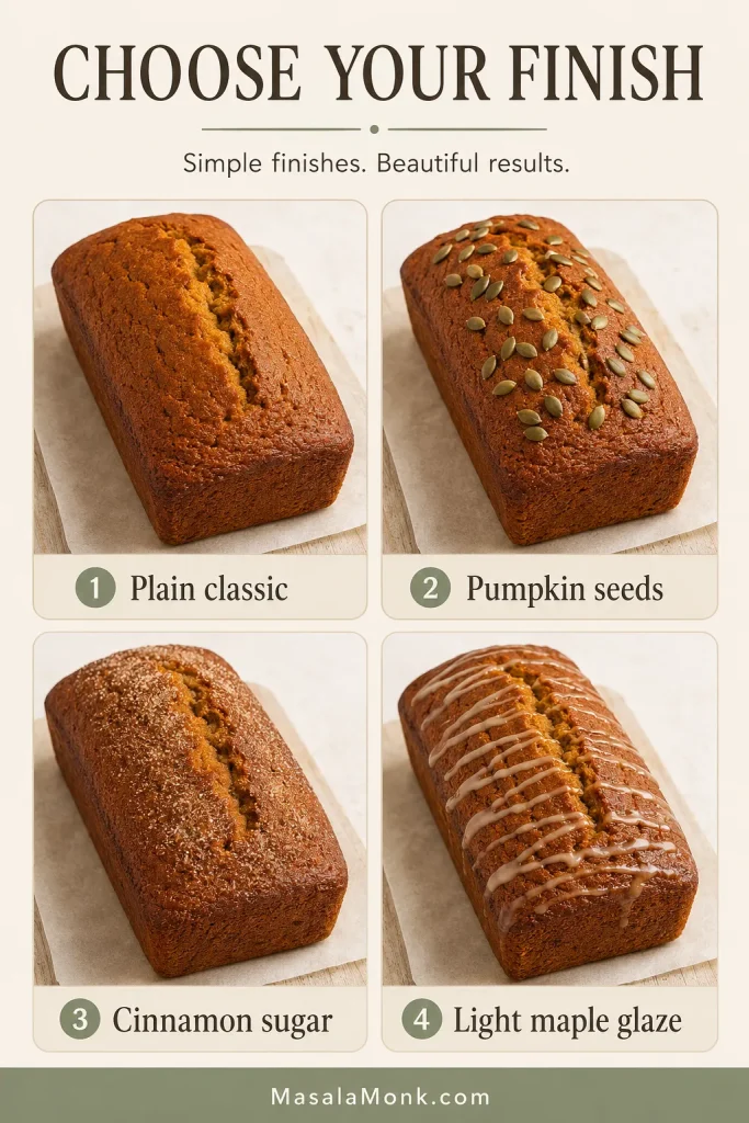 Four pumpkin bread finish options showing plain classic, pumpkin seeds, cinnamon sugar and light maple glaze.