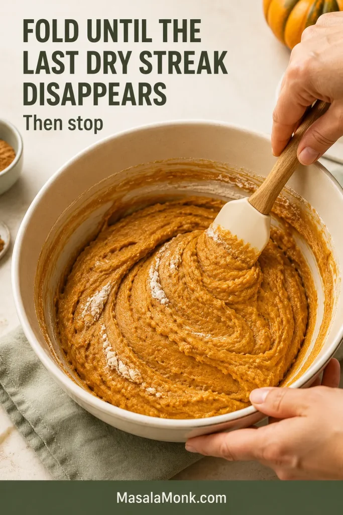 Hands folding thick pumpkin bread batter with a spatula while a few final dry flour streaks remain in the bowl.