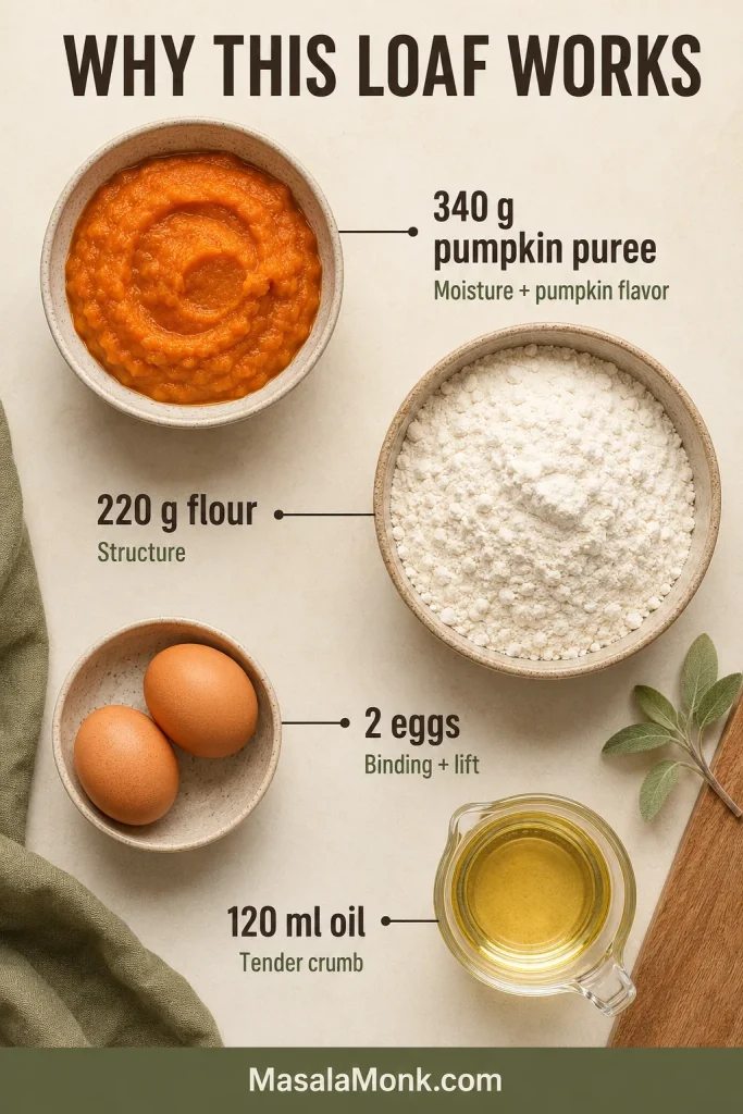 Ingredient-ratio board showing 340 g pumpkin puree, 220 g flour, 2 eggs and 120 ml oil with their roles in pumpkin bread.