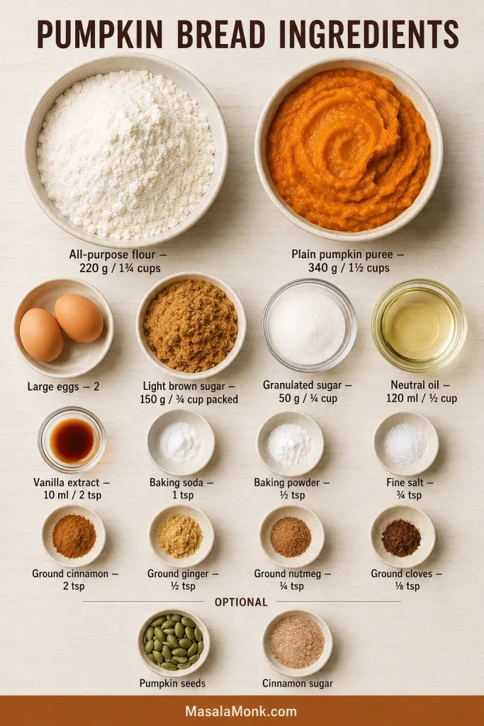 Overhead pumpkin bread ingredient board with flour, pumpkin puree, eggs, sugars, oil, vanilla, leaveners, salt and spices.