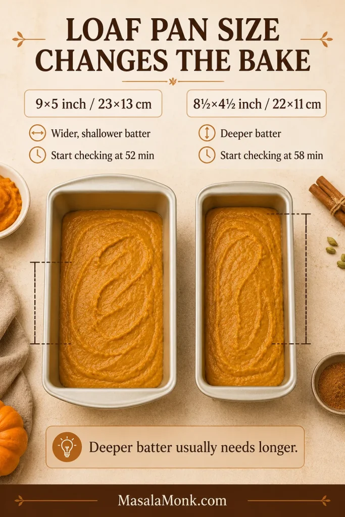 Comparison of 9×5 inch and 8½×4½ inch loaf pans showing shallower and deeper pumpkin bread batter.