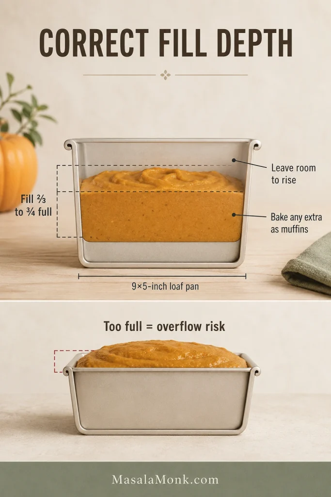 Loaf pan fill-depth guide showing pumpkin bread batter filled two-thirds to three-quarters full with a too-full warning.