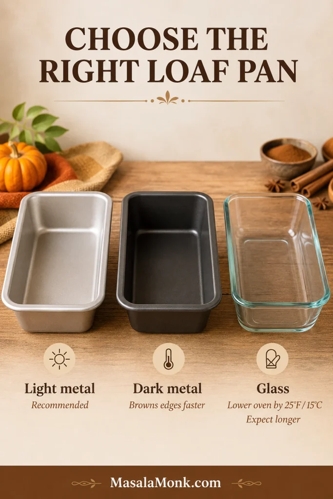 Pan material guide showing light metal, dark metal and glass loaf pans with baking notes for pumpkin bread.