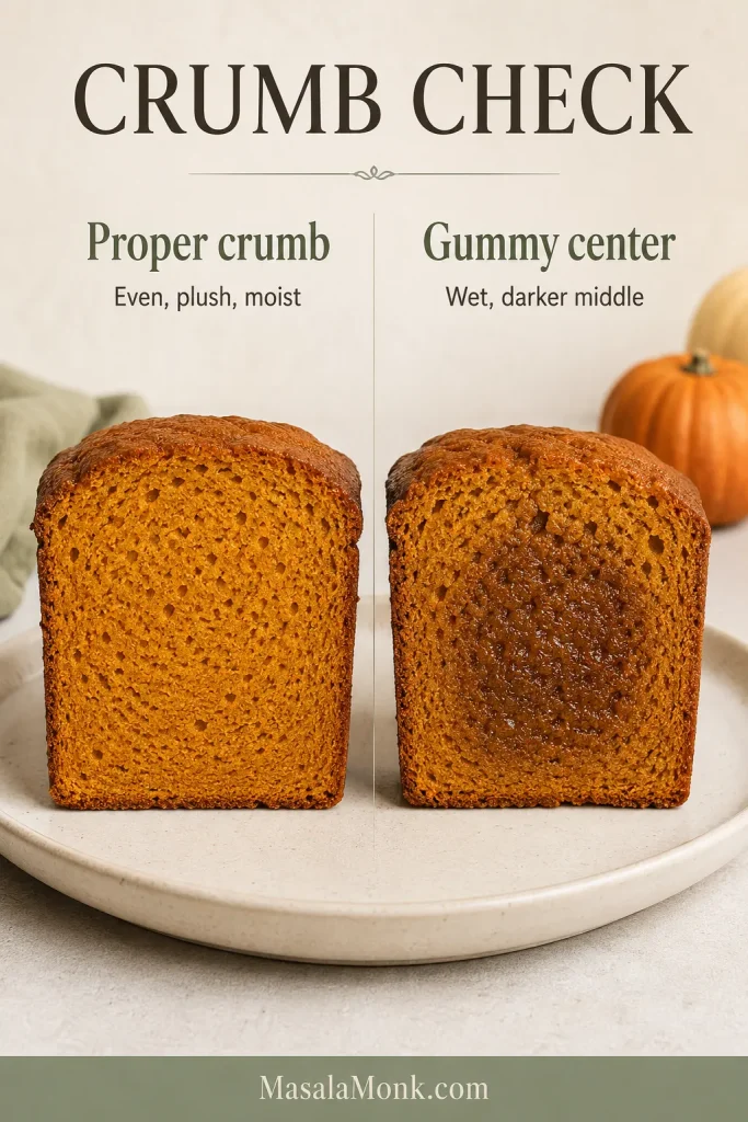 Side-by-side pumpkin bread slices showing a proper even crumb and a gummy darker wet center.