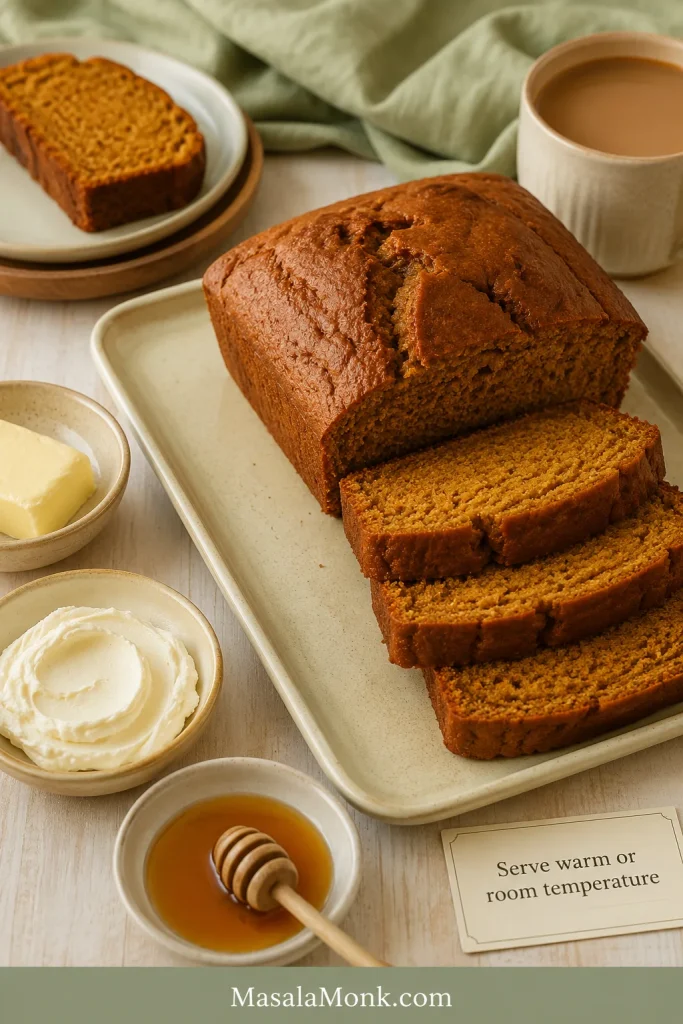 Sliced pumpkin bread served with butter, cream cheese, honey and a cup of coffee or tea on a light table.