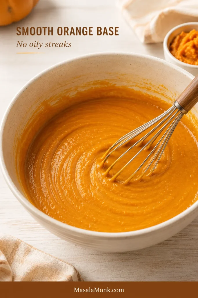 Cream mixing bowl with smooth orange pumpkin bread wet mixture and a whisk, labeled no oily streaks.