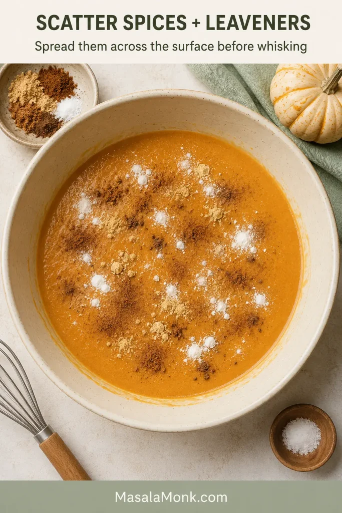 Overhead bowl of pumpkin wet mixture with small amounts of spices, salt and leaveners scattered across the surface.