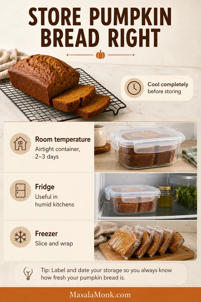 Pumpkin bread storage guide showing cooled loaf, airtight container, fridge storage and individually wrapped freezer slices.