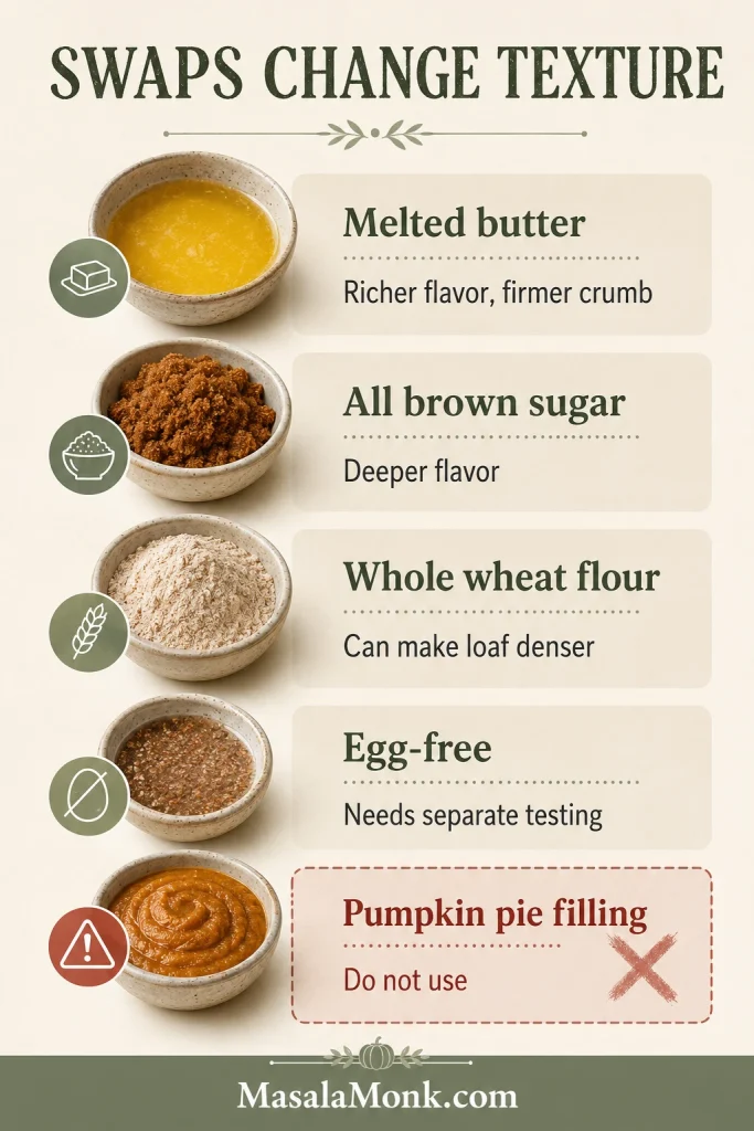 Substitutions board for pumpkin bread showing melted butter, brown sugar, whole wheat flour, egg-free caution and pumpkin pie filling warning.