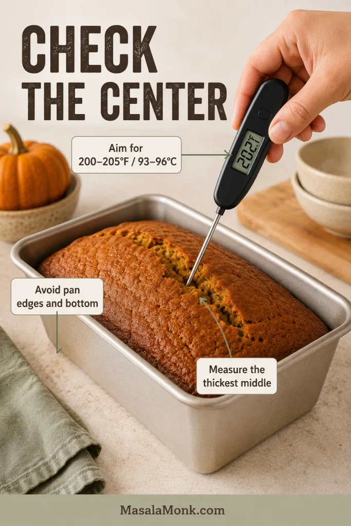 Instant-read thermometer inserted into the center of a pumpkin bread loaf with labels for 200–205°F and avoiding pan edges.