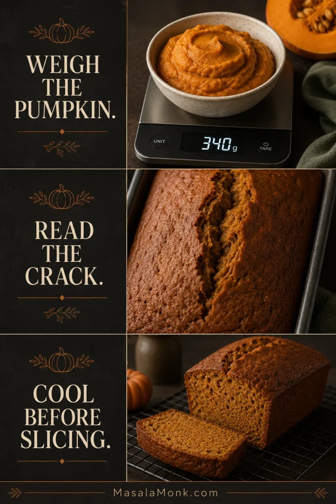Three-panel pumpkin bread guide showing 340 g pumpkin puree on a scale, a matte center crack and a cooled sliced loaf.