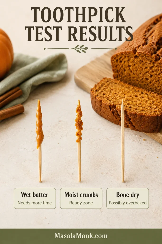 Three toothpicks showing wet batter, moist crumbs and a dry tester beside sliced pumpkin bread.