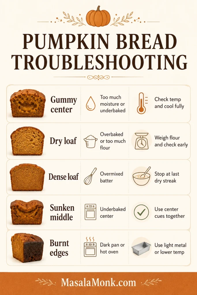 Pumpkin bread troubleshooting chart listing gummy center, dry loaf, dense loaf, sunken middle and burnt edges with causes and fixes.