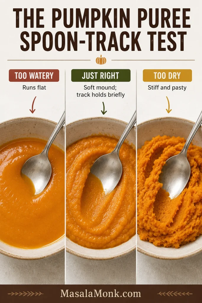 Pumpkin puree consistency test showing watery puree, thick puree with a spoon track and overly dry puree.
