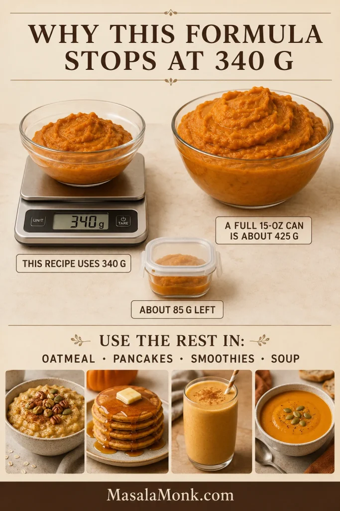 Pumpkin puree measurement board showing 340 g used in the recipe, about 425 g in a full can and about 85 g left over.