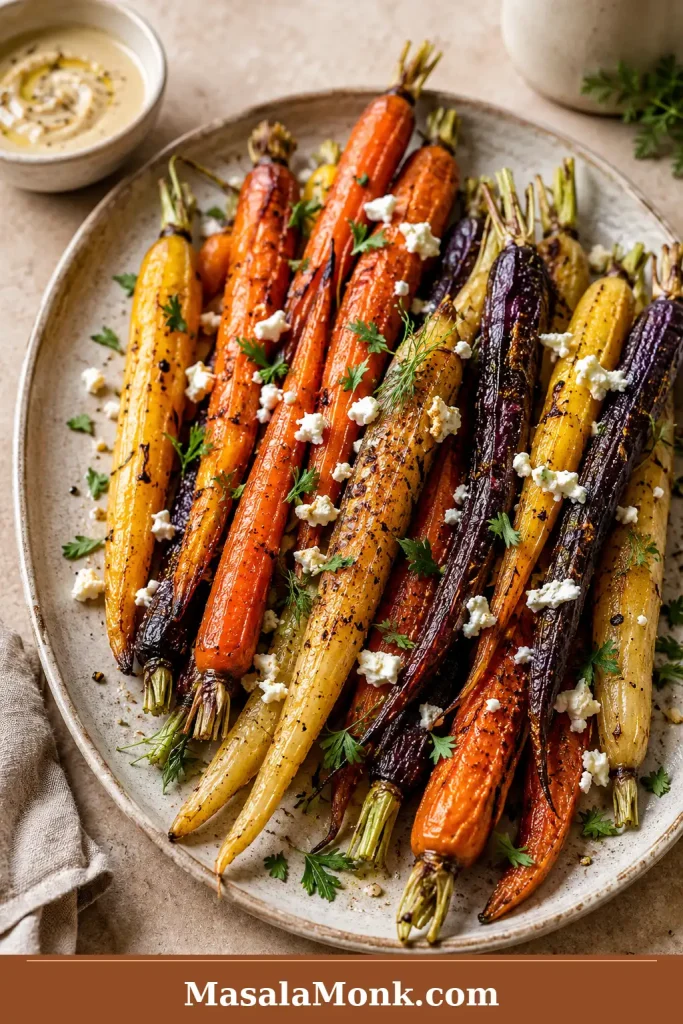 Rainbow roasted carrots in orange, purple, yellow, and pale colors with herbs, feta, and pomegranate.