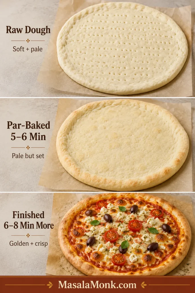 Three-stage guide showing raw Greek yogurt pizza dough, pale par-baked crust and finished baked pizza.