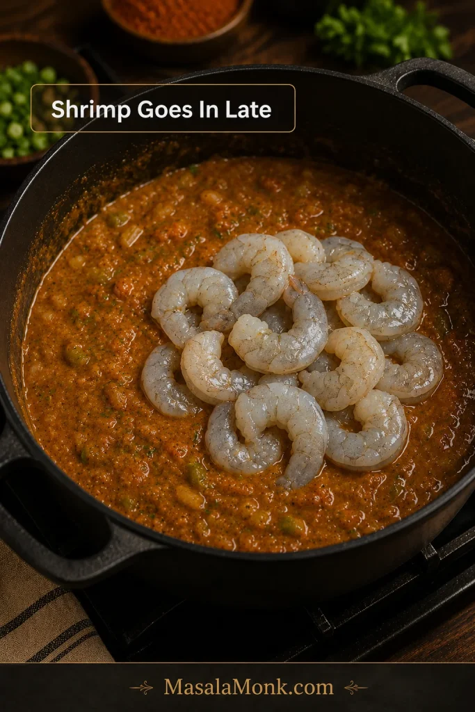 Raw peeled shrimp added to finished Cajun étouffée sauce in a dark pot
