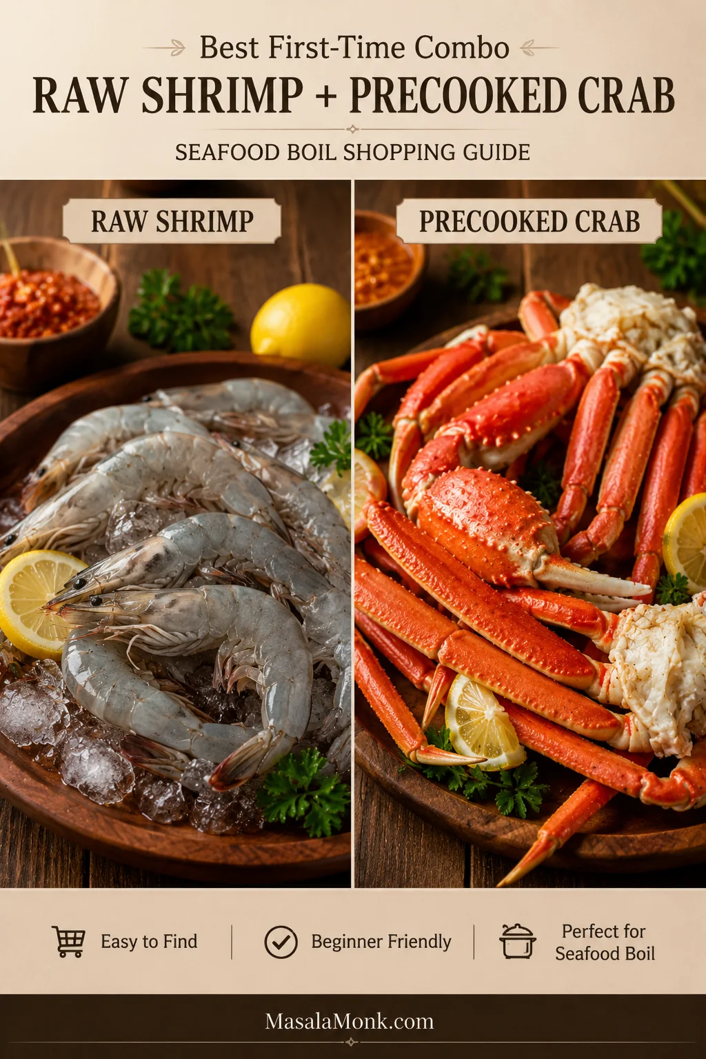 Split shopping guide showing raw shell-on shrimp and precooked crab legs with labels for each.
