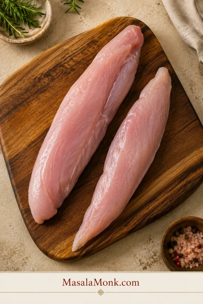 Two raw turkey tenderloins on a board showing their long narrow shape before cooking.