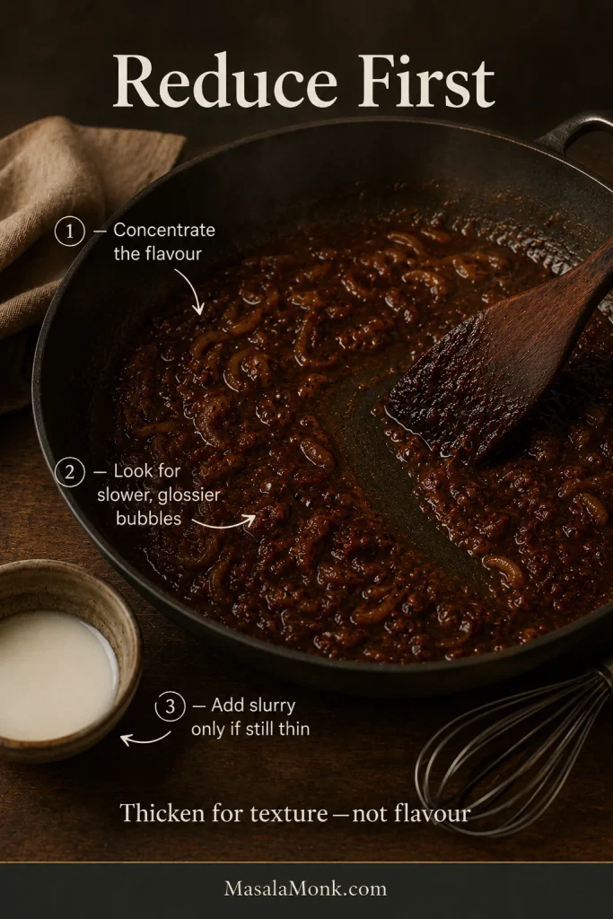 Onion gravy reducing in a wide pan with glossy bubbles, a temporary spoon trail and a small bowl of cornstarch slurry nearby.