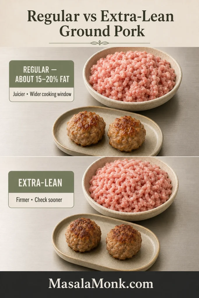 Comparison of regular ground pork and extra-lean ground pork with cooked meatballs showing how fat level changes texture.