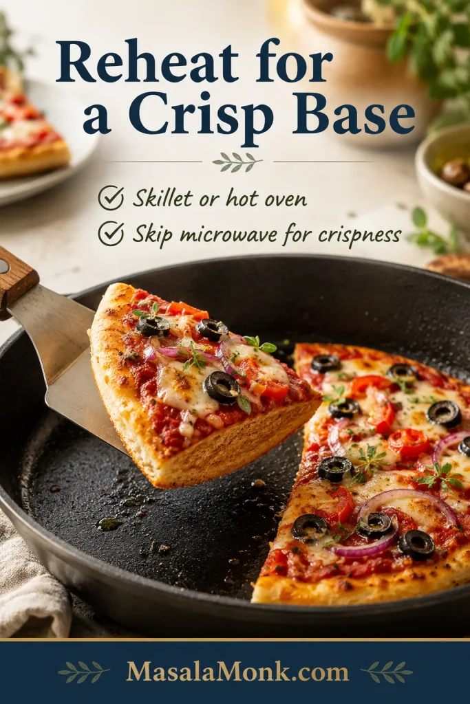Leftover Greek yogurt pizza slice lifted from a skillet with a spatula to show a crisp reheated base.