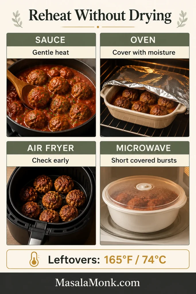 Reheating guide showing pork meatballs warmed in sauce, covered in the oven, reheated in an air fryer, and reheated in a covered microwave-safe dish, with a leftovers temperature of 165°F.