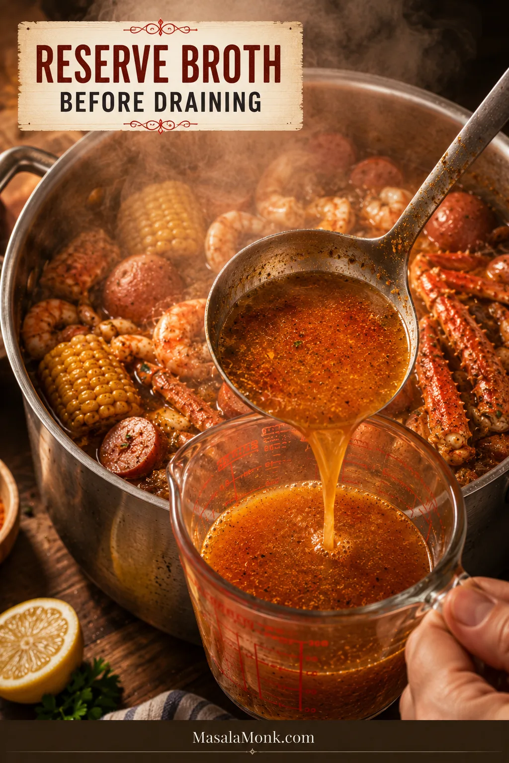 Ladle scooping seasoned seafood boil broth into a measuring cup before draining the pot.