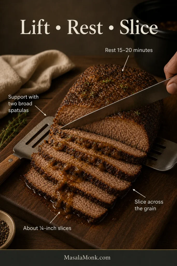 Rested brisket supported on a cutting board and carved across the grain into even slices with a long slicing knife.