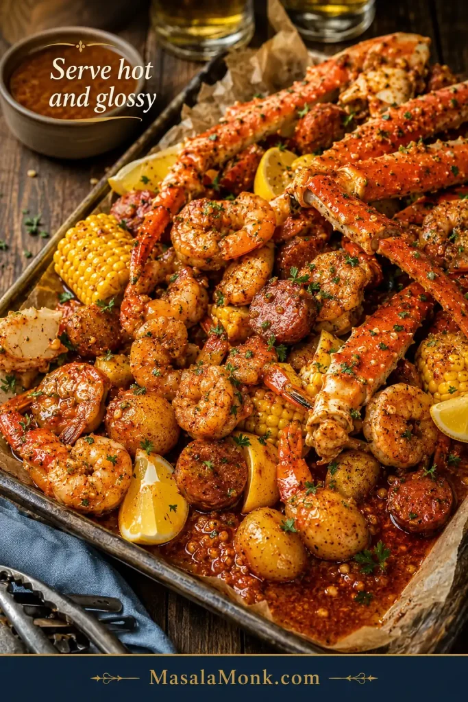 Restaurant-style seafood boil tray with shrimp, crab, corn, potatoes, sausage, and glossy garlic butter sauce.