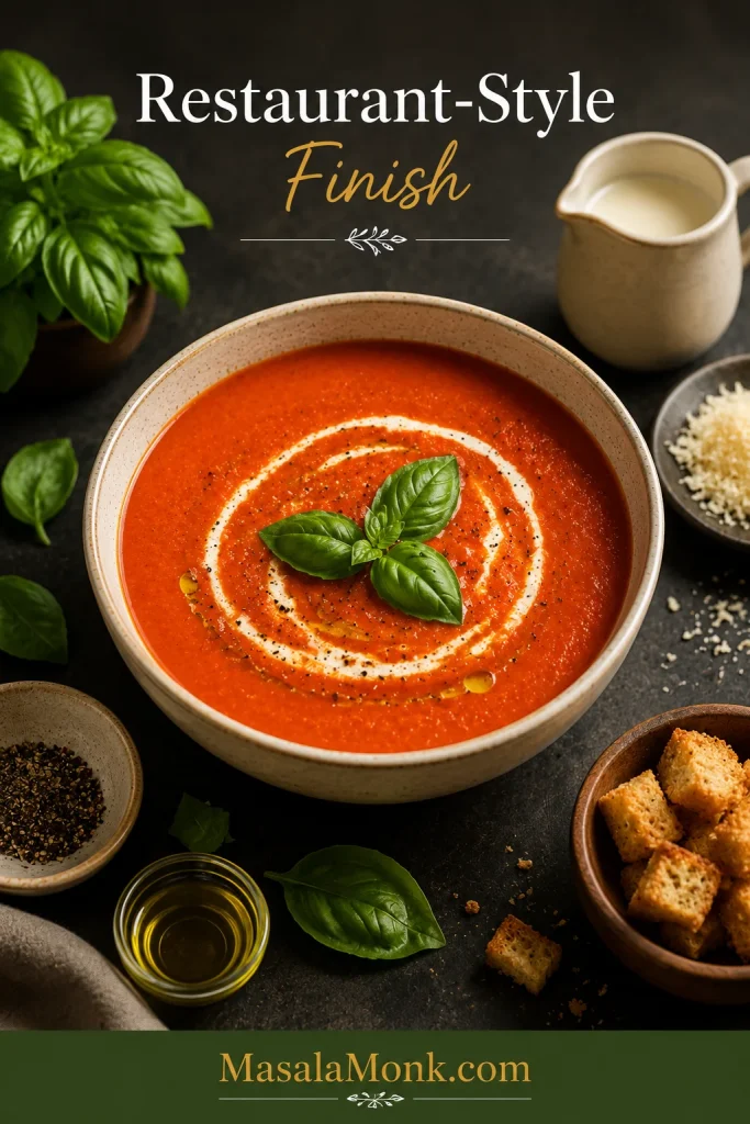 Restaurant-style tomato basil soup with basil, cream swirl, parmesan, croutons, and finishing ingredients around the bowl.