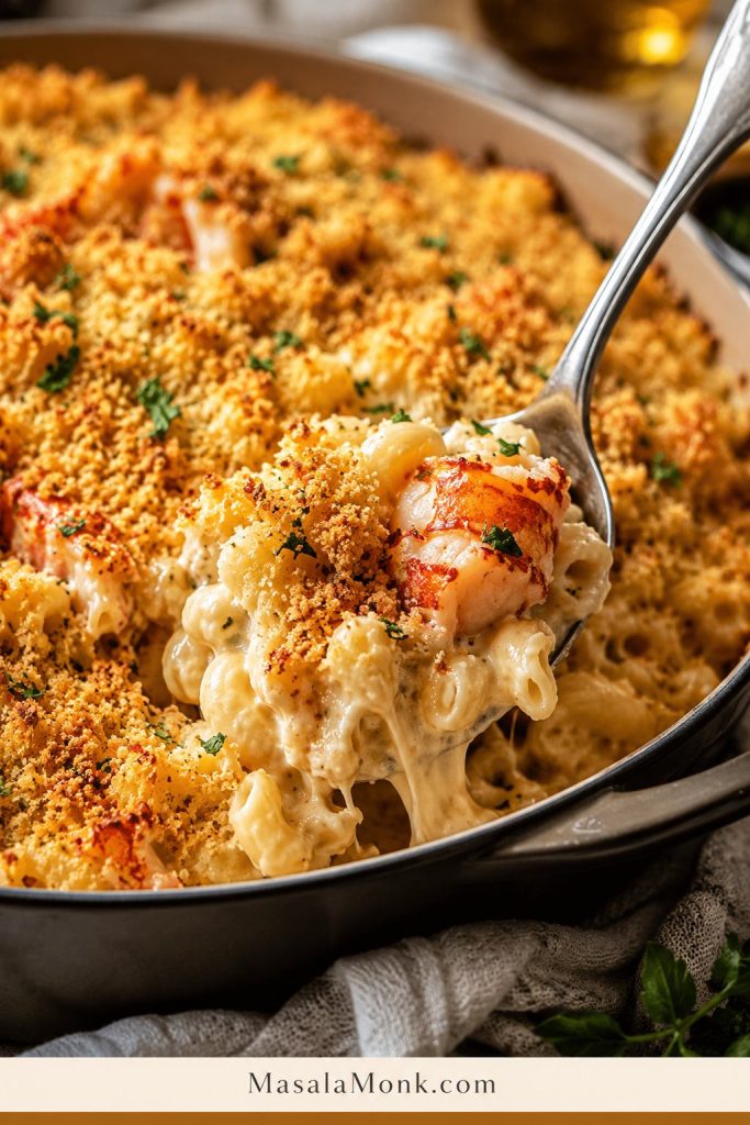 Spoon lifting a creamy scoop from baked lobster mac and cheese with golden crumbs, herbs, pasta, and lobster pieces.