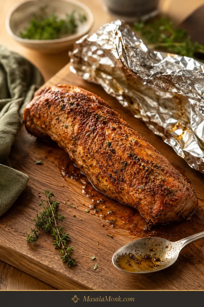 Whole cooked pork tenderloin resting on a wooden board with foil nearby, herbs, a spoon, and visible board juices.