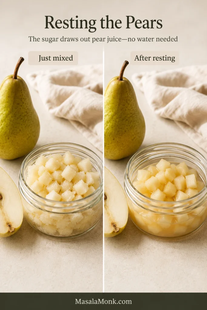 Freshly sugared diced pears beside rested pears surrounded by syrup released from the fruit.