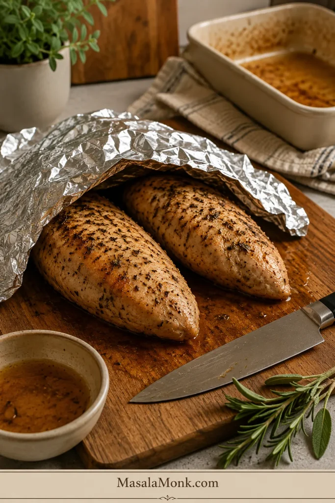 Cooked turkey tenderloins resting under foil before slicing.