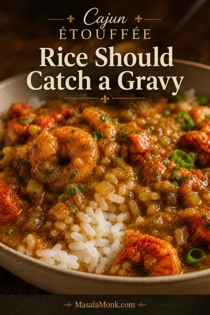 Close-up of Cajun étouffée sauce settling into white rice with seafood