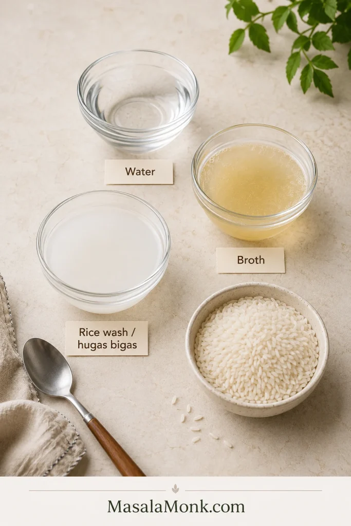 Three bowls labeled water, broth, and rice wash or hugas bigas, with uncooked rice nearby for making Chicken Tinola.