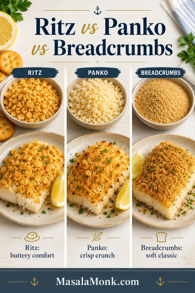 Comparison board showing Ritz crackers, panko, and breadcrumbs as three topping options for baked haddock.