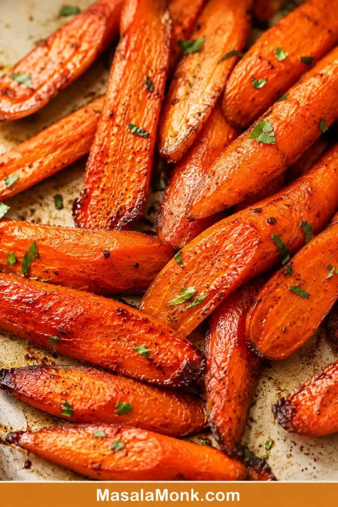 Close-up of roasted carrots with caramelized browned edges, black pepper, green herbs, and tender orange centers.