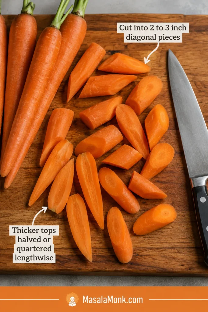 Carrots cut into 2 to 3 inch diagonal pieces on a wooden board, with thicker carrot tops split lengthwise.