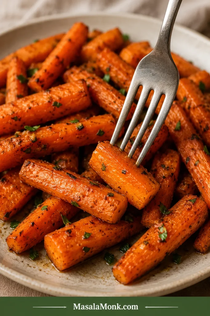 A fork testing a roasted carrot piece to show a tender center and browned outside.