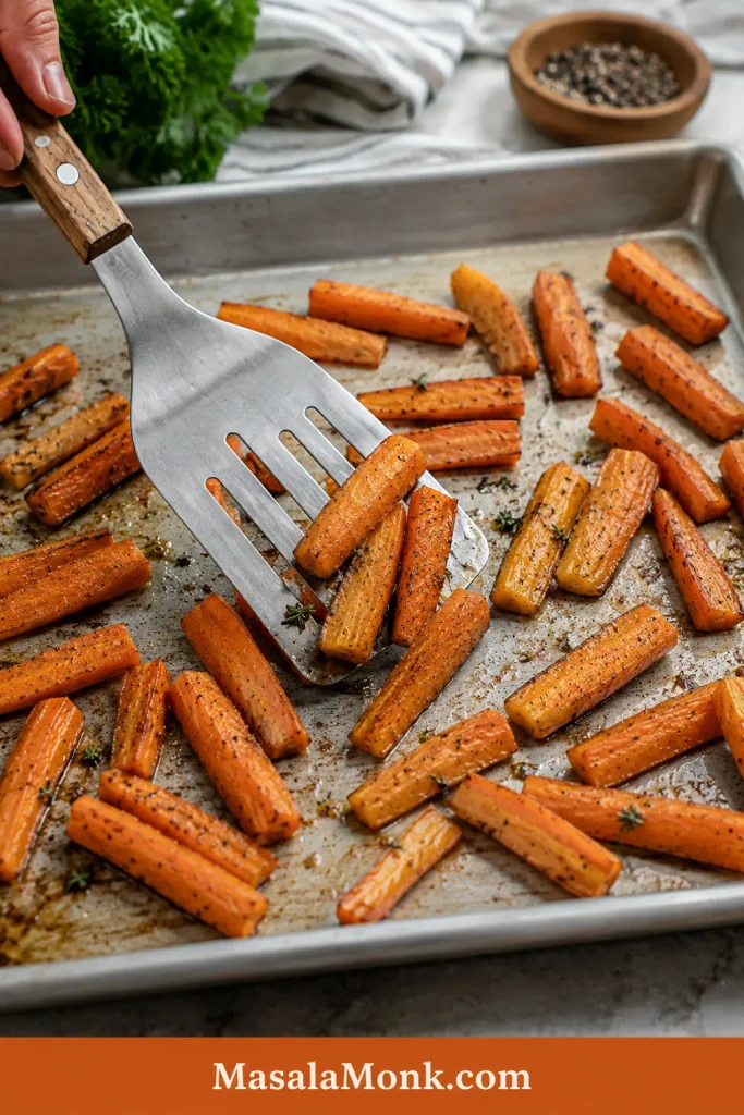 Carrots halfway through roasting on a sheet pan, being turned with a spatula as the edges begin to brown.